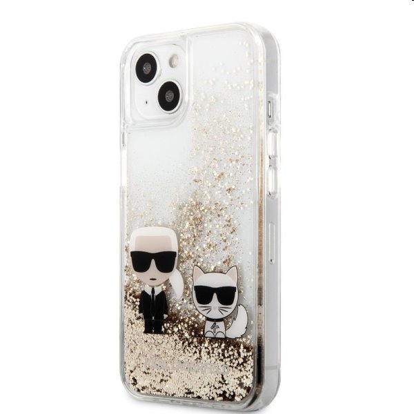 Puzdro Karl Lagerfeld Liquid Glitter Karl and Choupette for iPhone 13 mini, gold