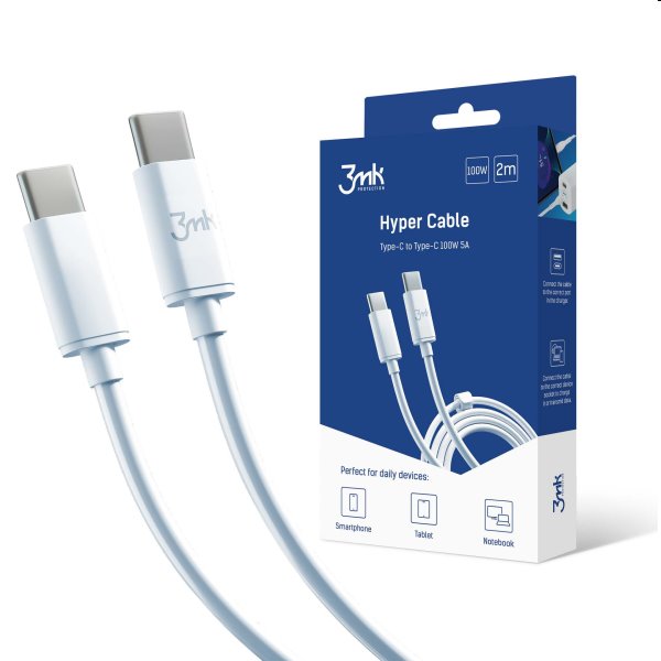 3mk Hyper Cable USB-C/USB-C 2m, 100 W, biely