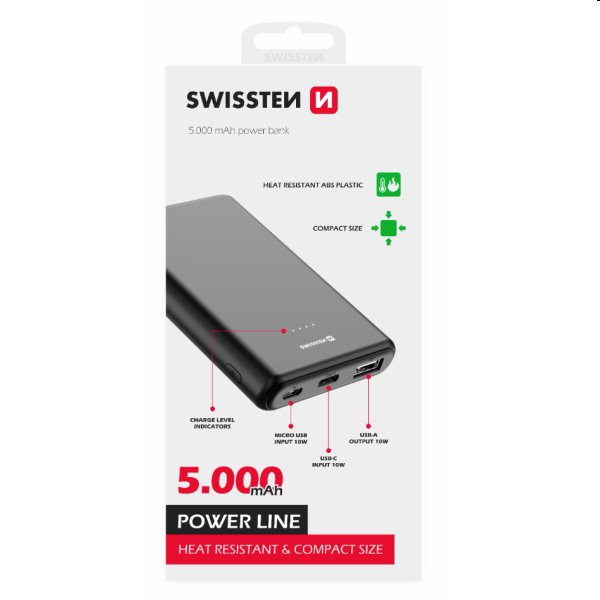Swissten Power Line powerbanka 5 000 mAh 10 W, čierna