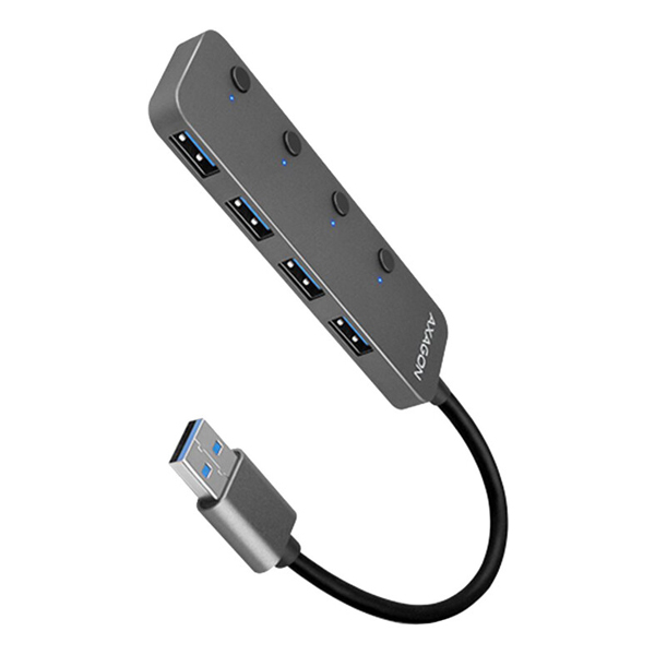 AXAGON HUE-MSA 4x USB3.2 Gen 1 SWITCH hub, kovový, micro USB power IN, 20 cm USB-A kábel