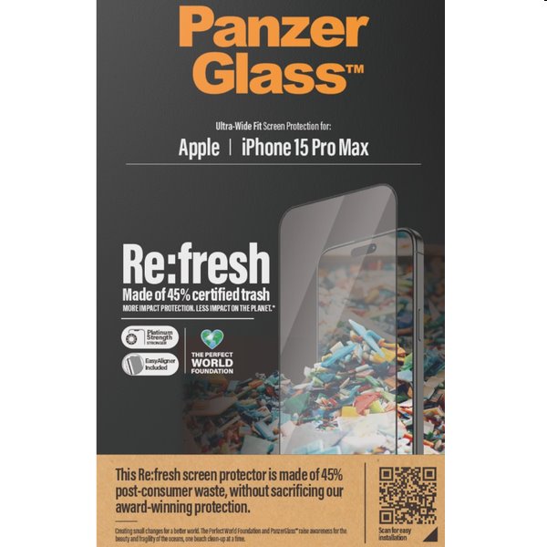 Ochranné sklo PanzerGlass Re:fresh UWF s aplikátorom pre Apple iPhone 15 Pro Max, čierna