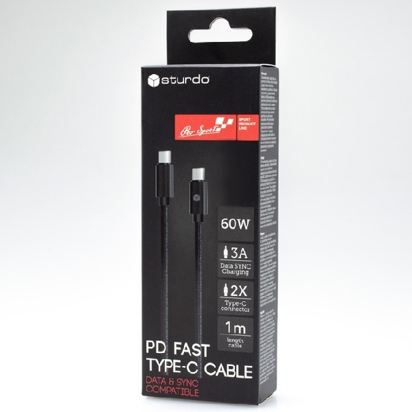 Sturdo Dátový a nabíjací textilný kábel USB-CUSB-C, PD, 3A, 60W, 1m, čierny KAB-0186-STU-TYPEC