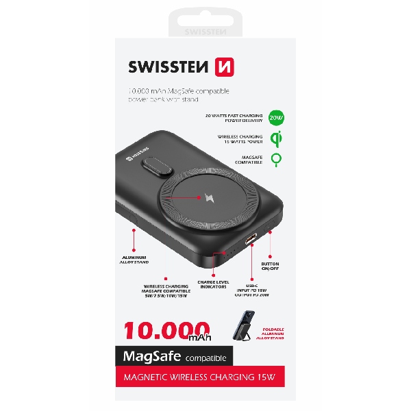 Swissten Powerbanka 20 W 10000 mAh (kompatibilný s MagSafe), PD, čierna 22013974