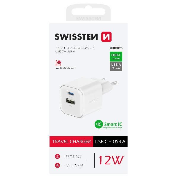 Swissten sieťový adaptér 1x USB-C + 1xUSB-A 12W, biely 22071500