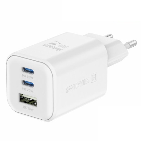 SWWISTEN sieťový adaptér GaN 2x USB-C 65 W PD + 1x USB-A 18 W QC, biely 22071400