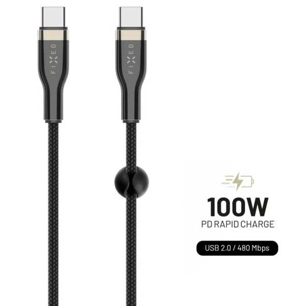 FIXED Nabíjací a dátový opletený kábel s USB-C/USB-C a podporou PD, 1,2 m, USB 2.0, 100 W, čierny