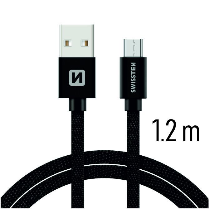 Swissten Data Cable Textile USB / Micro USB 1.2 m, black, použitý, záruka 12 mesiacov