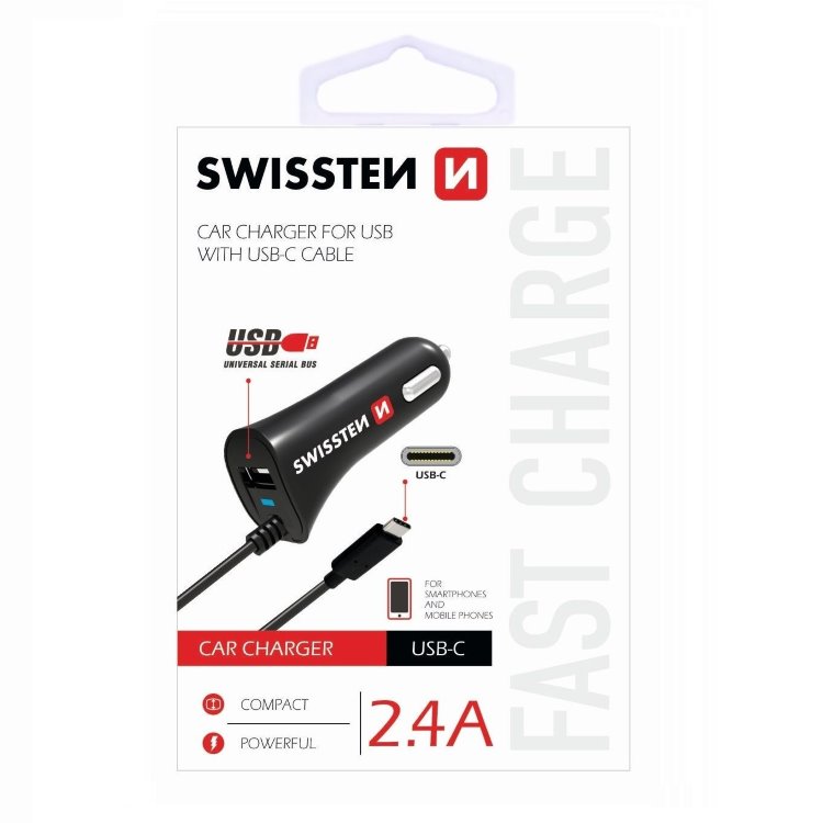 Autonabíjačka Swissten 2.4A so zabudovaným USB-C káblomaUSB konektorom