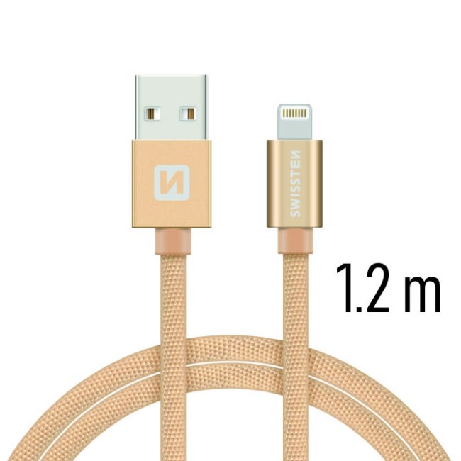 Dátový kábel Swissten textilný s Lightning konektorom a podporou rýchlonabíjania, zlatý 71523204