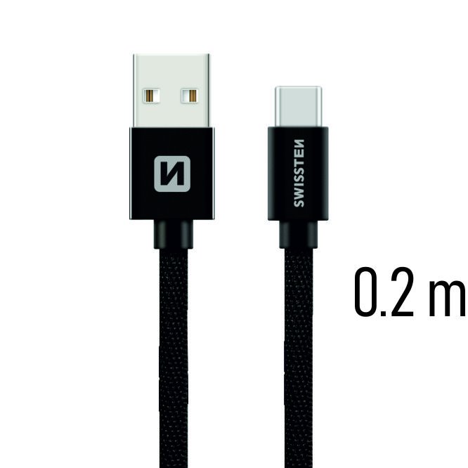 Dátový kábel Swissten textilný s USB-C konektorom a podporou rýchlonabíjania, čierny