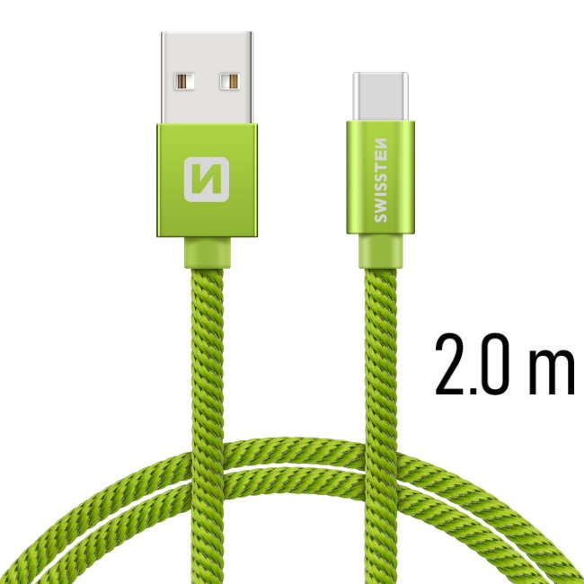 Dátový kábel Swissten textilný s USB-C konektorom a podporou rýchlonabíjania, zelený
