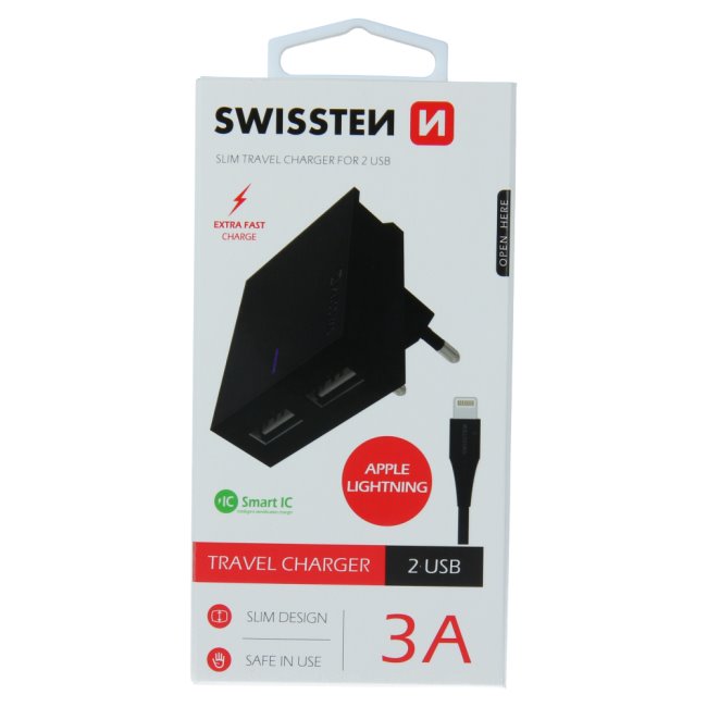 Rýchlonabíjačka Swissten Smart IC 3.A s 2 USB konektormi a dátový kábel USB / Lightning 1,2 m, čierna
