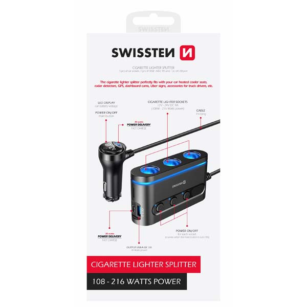 Swissten Autoadaptér s výstupom 3 x CL, 2 x UCB-C PDa1x USB-A QA 3.0, 108 W - 216 W