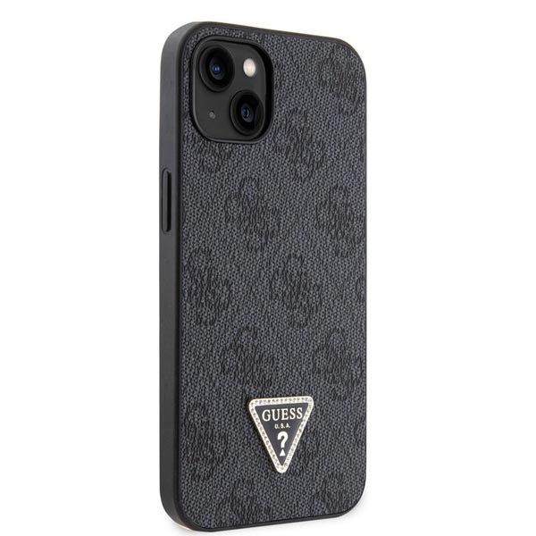 Zadný kryt Guess PU 4G Strass Triangle Metal Logo pre iPhone 15, čierna