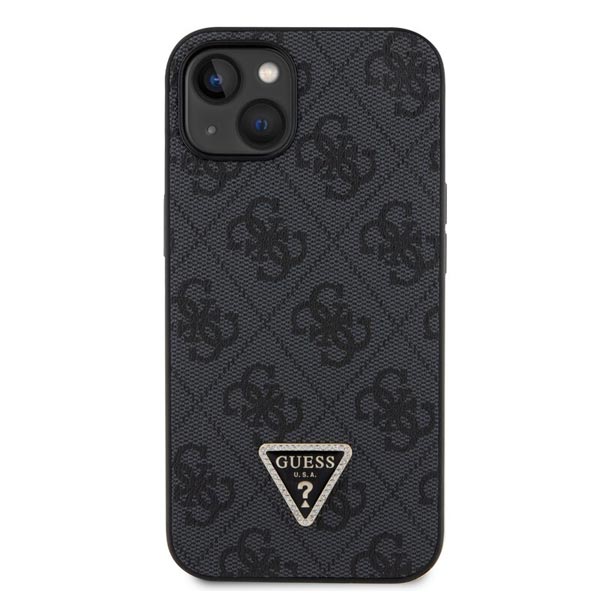 Zadný kryt Guess PU 4G Strass Triangle Metal Logo pre iPhone 15, čierna