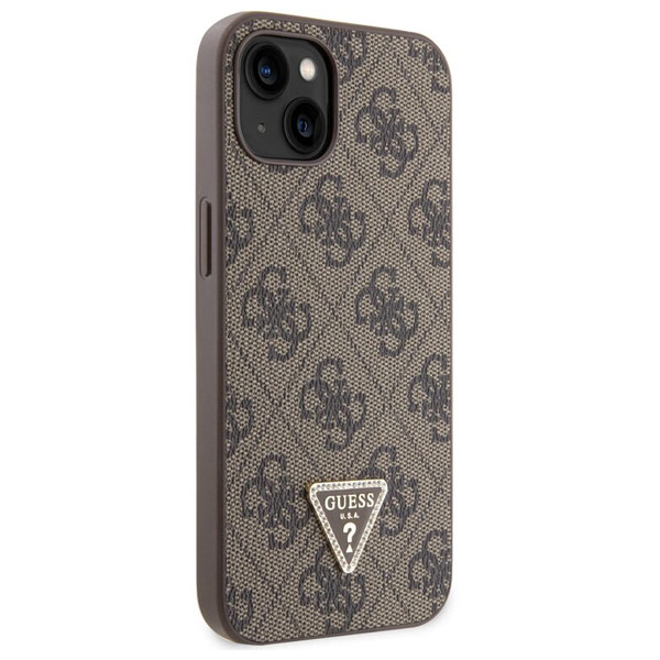 Zadný kryt Guess PU 4G Strass Triangle Metal Logo pre iPhone 15, hnedá