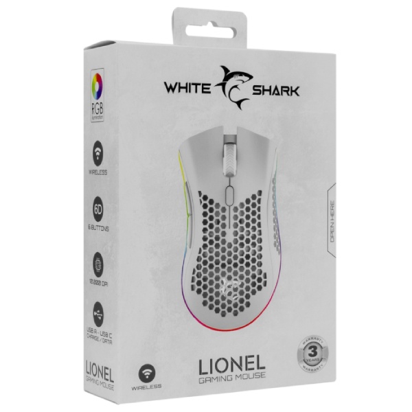 White Shark bezdrôtová herná myš LIONEL, 6D, 10 000 dpi, biela