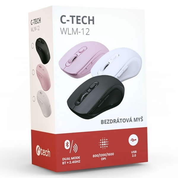 Bezdrôtová myš C-Tech WLM-12, duálny mód, BT5.0, USB, 1600 DPI, biela