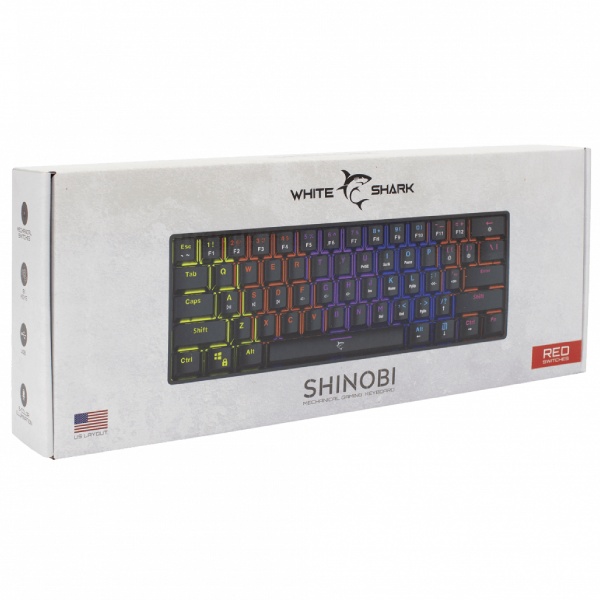 White Shark mechanická herná klávesnica SHINOBI, US, červený switch, čierna