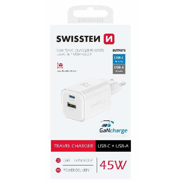 SWISSTEN GaN network adapter 1x USB-C 45 W PD + 1x USB-A 18 W QC, white