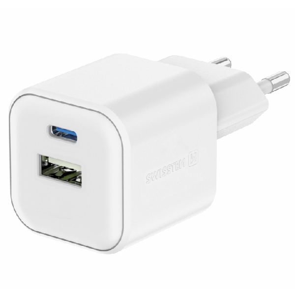 Swissten sieťový adaptér 1x USB-C + 1xUSB-A 12W, biely