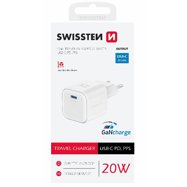 SWISTEN sieťový adaptér GaN 1x USB-C 20 W PD, biely