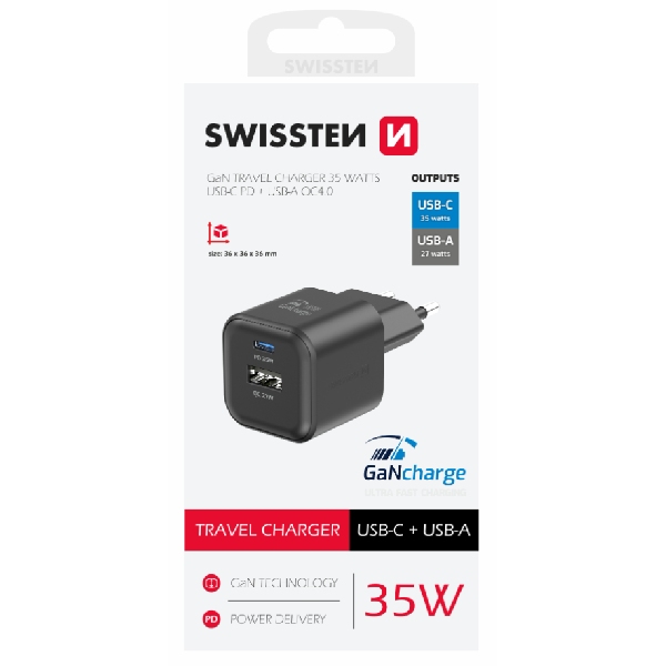 SWISTEN sieťový adaptér GaN 1x USB-C 35 W PD + 1x USB-A 27 W QC, čierny