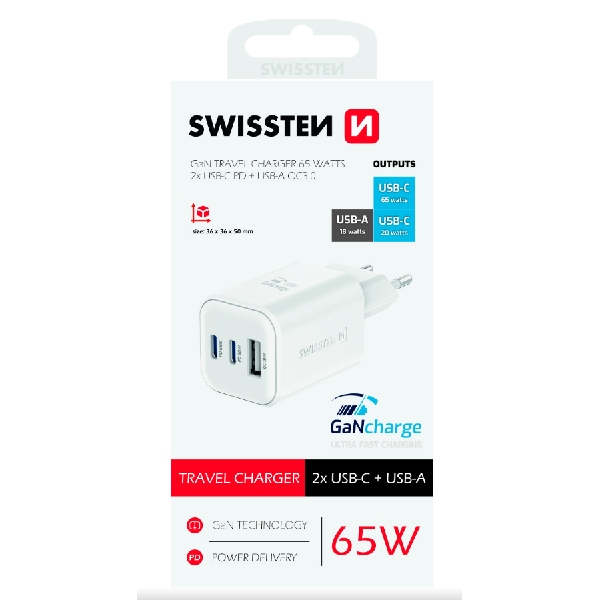 SWWISTEN sieťový adaptér GaN 2x USB-C 65 W PD + 1x USB-A 18 W QC, biely