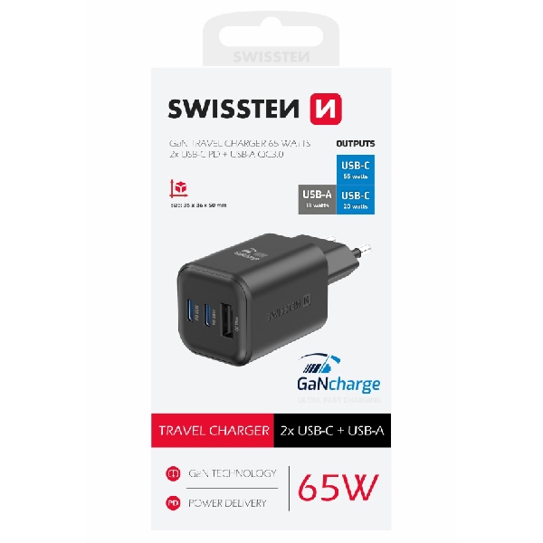 SWWISTEN sieťový adaptér GaN 2x USB-C 65 W PD + 1x USB-A 18 W QC, čierny