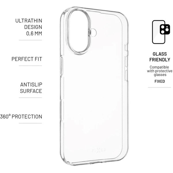 FIXED TPU Skin Ultratenké gélové puzdro pre Apple iPhone 16, 0,6 mm, transparentné