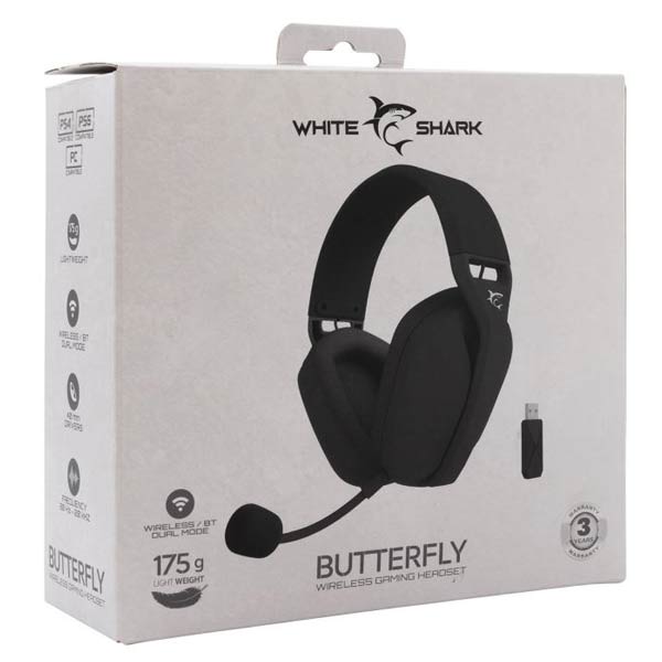 White Shark bezdrôtové herné slúchadlá BUTTERFLY, pre PC, PS4/5, XBOX, MAC, čierne