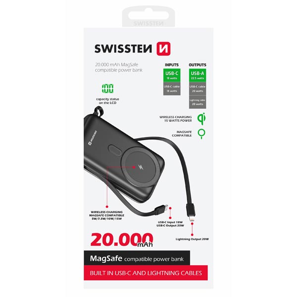 SWISSTEN Powebanka 20000 mAh PD 20 W s integrovaným USB-C a Lightning káblom (kompatibilné s MagSafe)