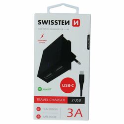 Rýchlonabíjačka Swissten Smart IC 3.A s 2 USB konektormi a dátový kábel USB / USB-C 1,2 m, čierna | pgs.sk